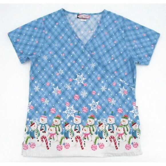 Scrub Works Tops - Vtg Scrub Works Scrub Top Womens Large Christmas Faux Wrap Pocket Nurse Snowman